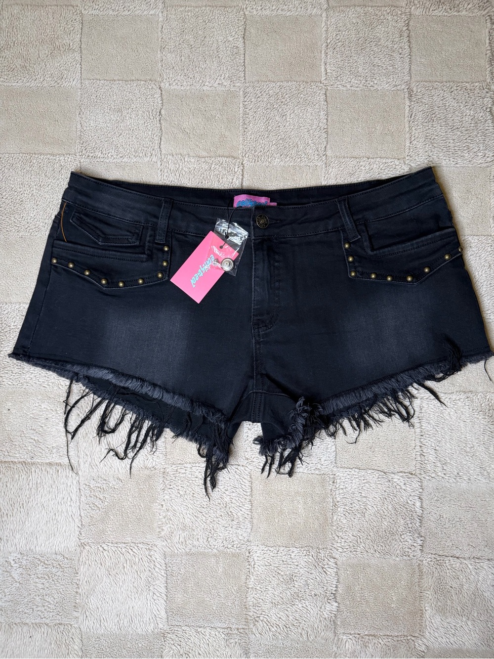Edikted Studded Low Rise Denim Micro Shorts XL Black BNWT